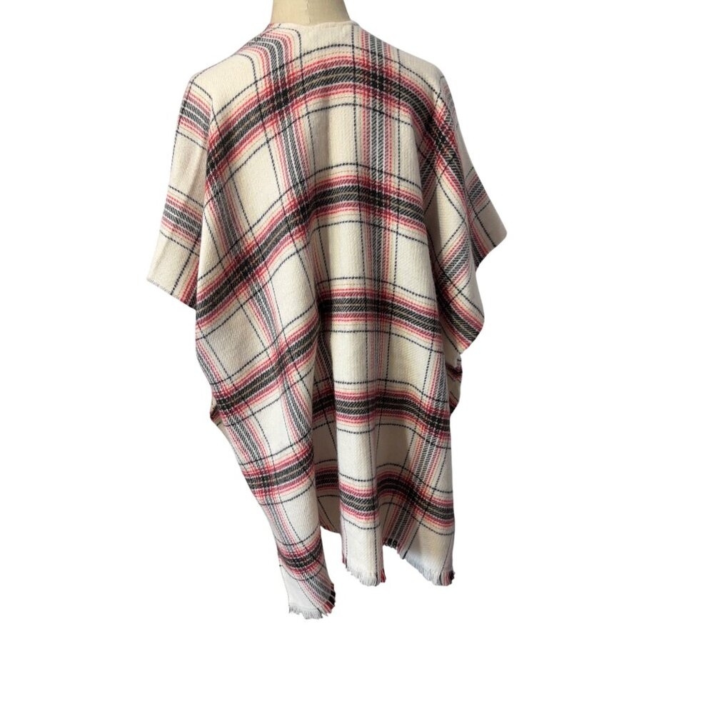 Loft Women's Size M/L Plaid Wrap Soft Poncho With Frayed Hem Red Cream Black - Picture 4 of 9